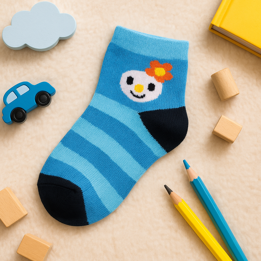 Blue striped sock with a face design on a beige surface with toys and blocks.