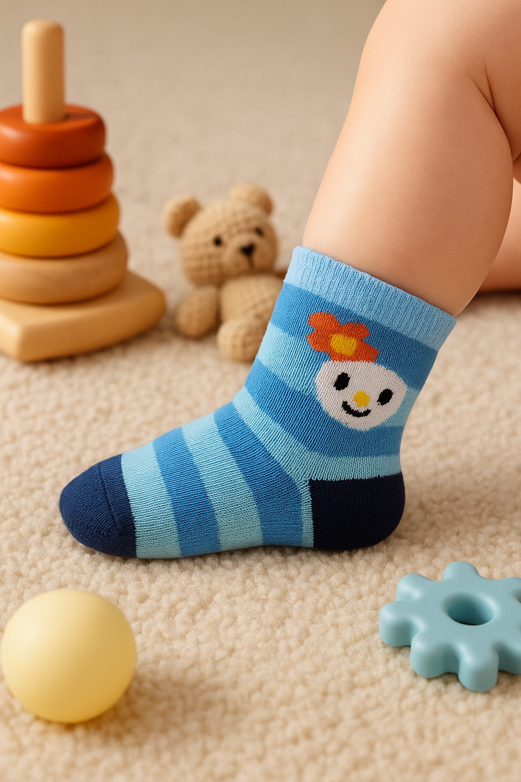 Baby's foot wearing a blue striped sock with a cartoon face design, surrounded by toys on a beige surface.
