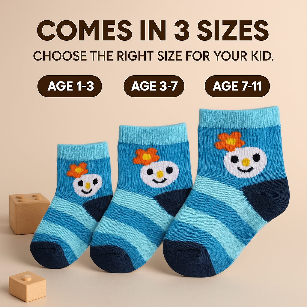 Three pairs of blue children's socks with smiley faces on a beige background, labeled for different age groups.