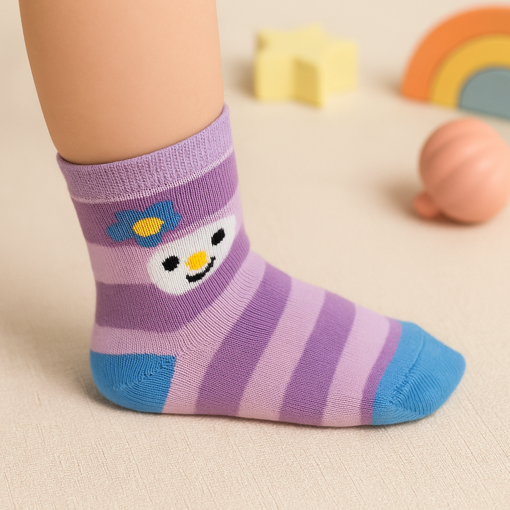 Purple striped sock with a cartoon face design on a beige surface with toys in the background