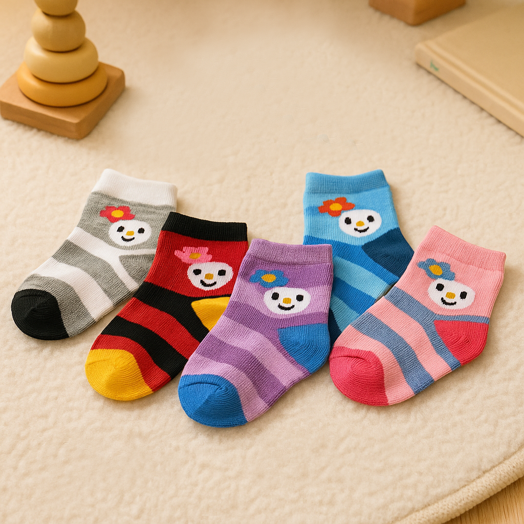 Five colorful children's socks with cartoon faces on a beige surface.