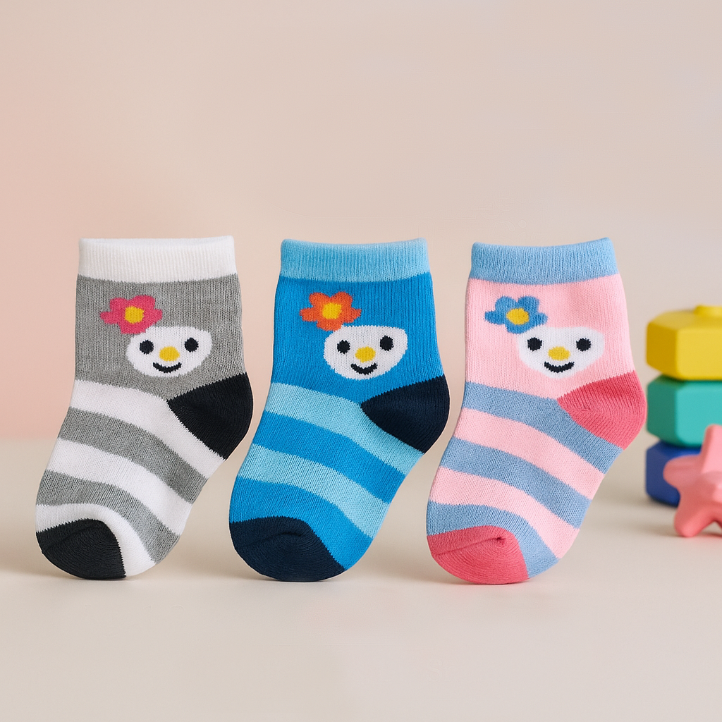 Three colorful children's socks with cartoon faces on a beige background