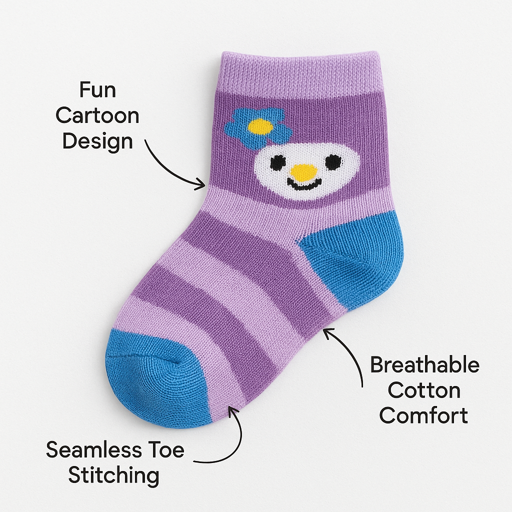 Infographics for Purple and blue striped kids sock with cartoon face design on a white background