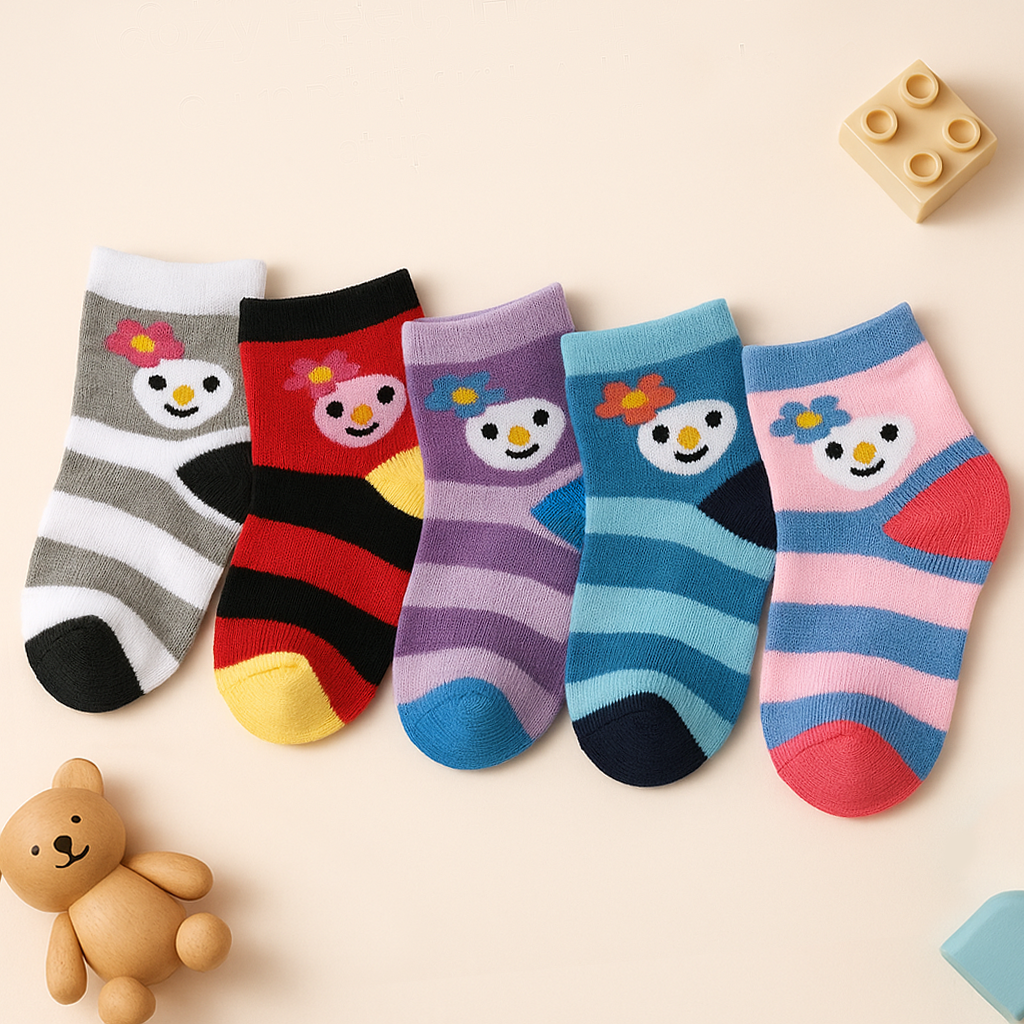 Five colorful children's socks with cartoon face designs on a beige background.