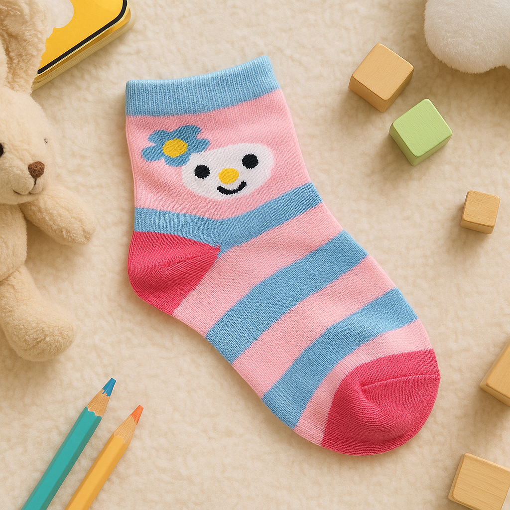 Striped children's sock with cartoon face design