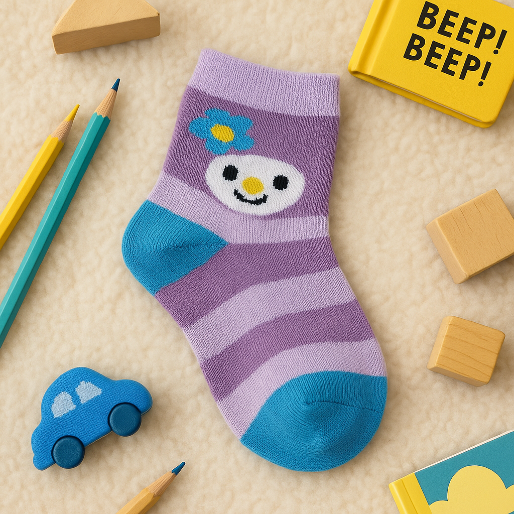Purple and blue striped sock with a cartoon face on a beige surface with toys and stationery items.