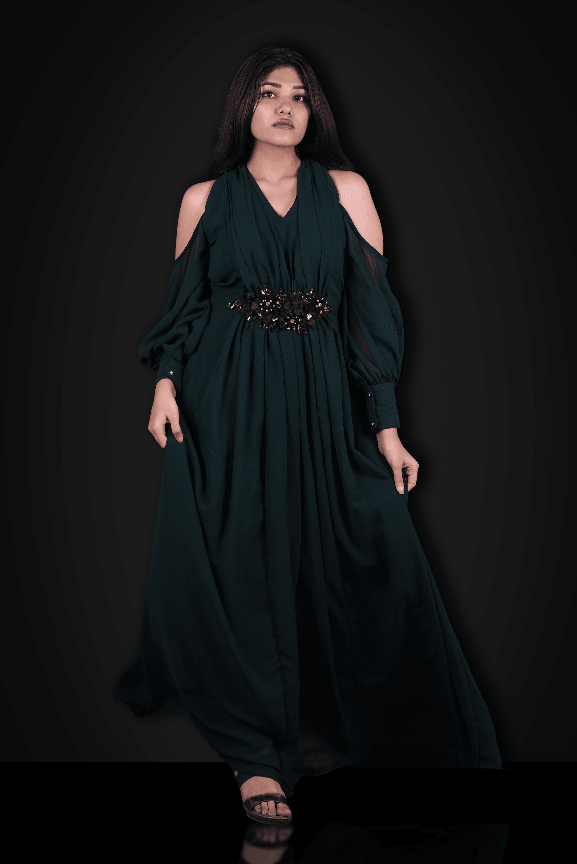 The Drape Dance!-Bottle Green Pleated Bishop Sleeved Evening Gown.-Adorable Me
