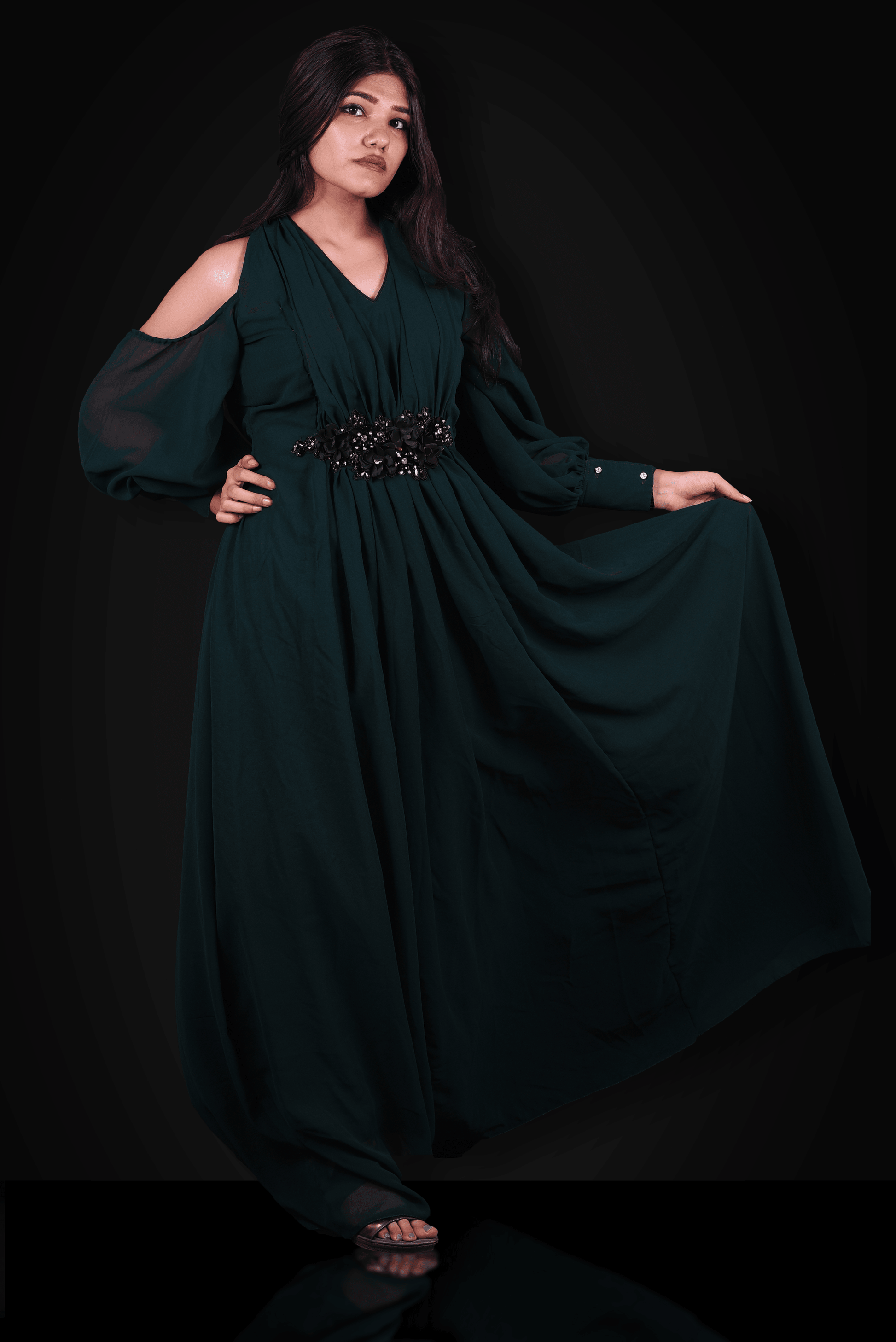The Drape Dance!-Bottle Green Pleated Bishop Sleeved Evening Gown.-Adorable Me