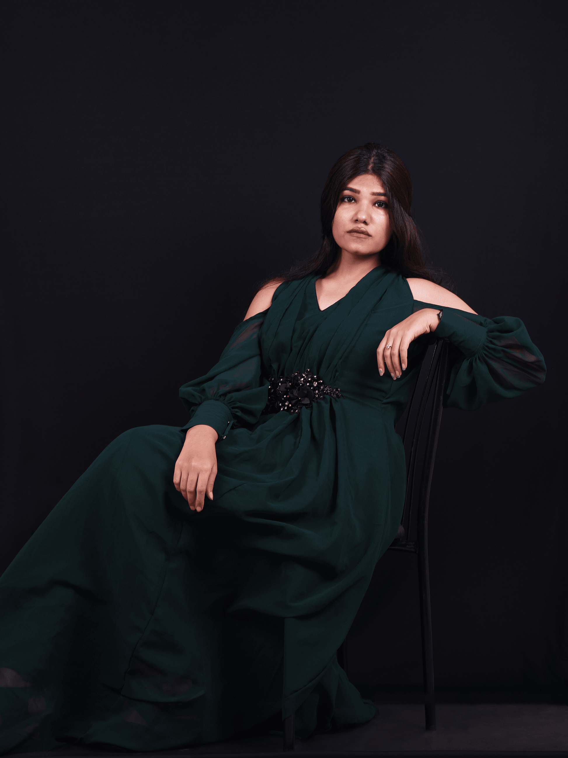 The Drape Dance!-Bottle Green Pleated Bishop Sleeved Evening Gown.-Adorable Me