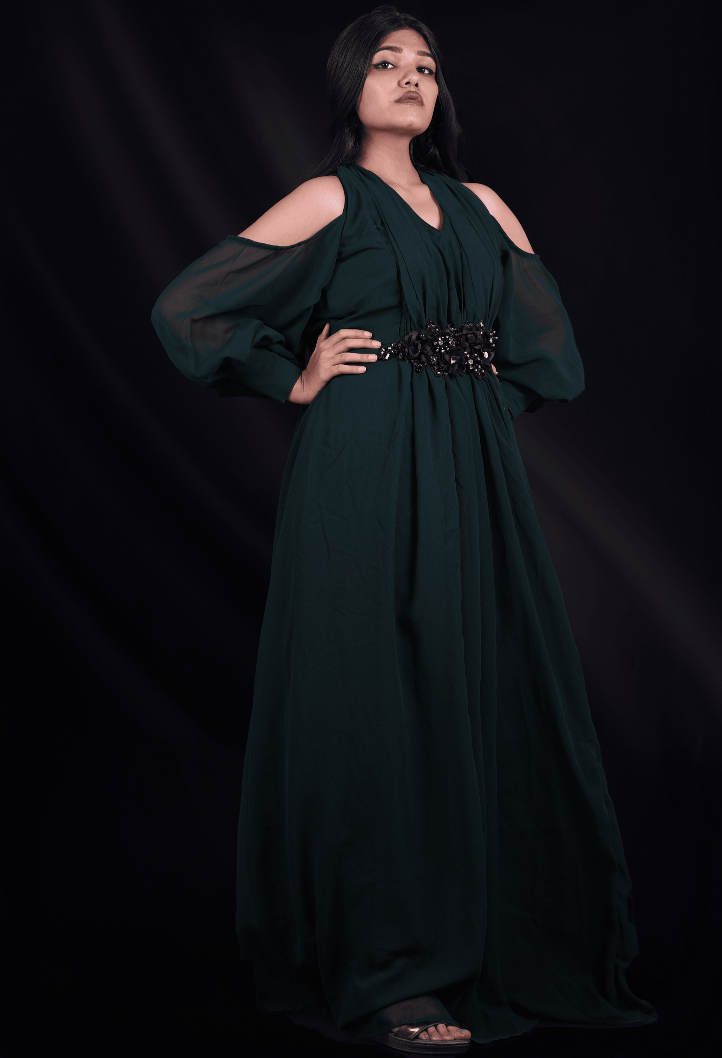 The Drape Dance!-Bottle Green Pleated Bishop Sleeved Evening Gown.-Adorable Me