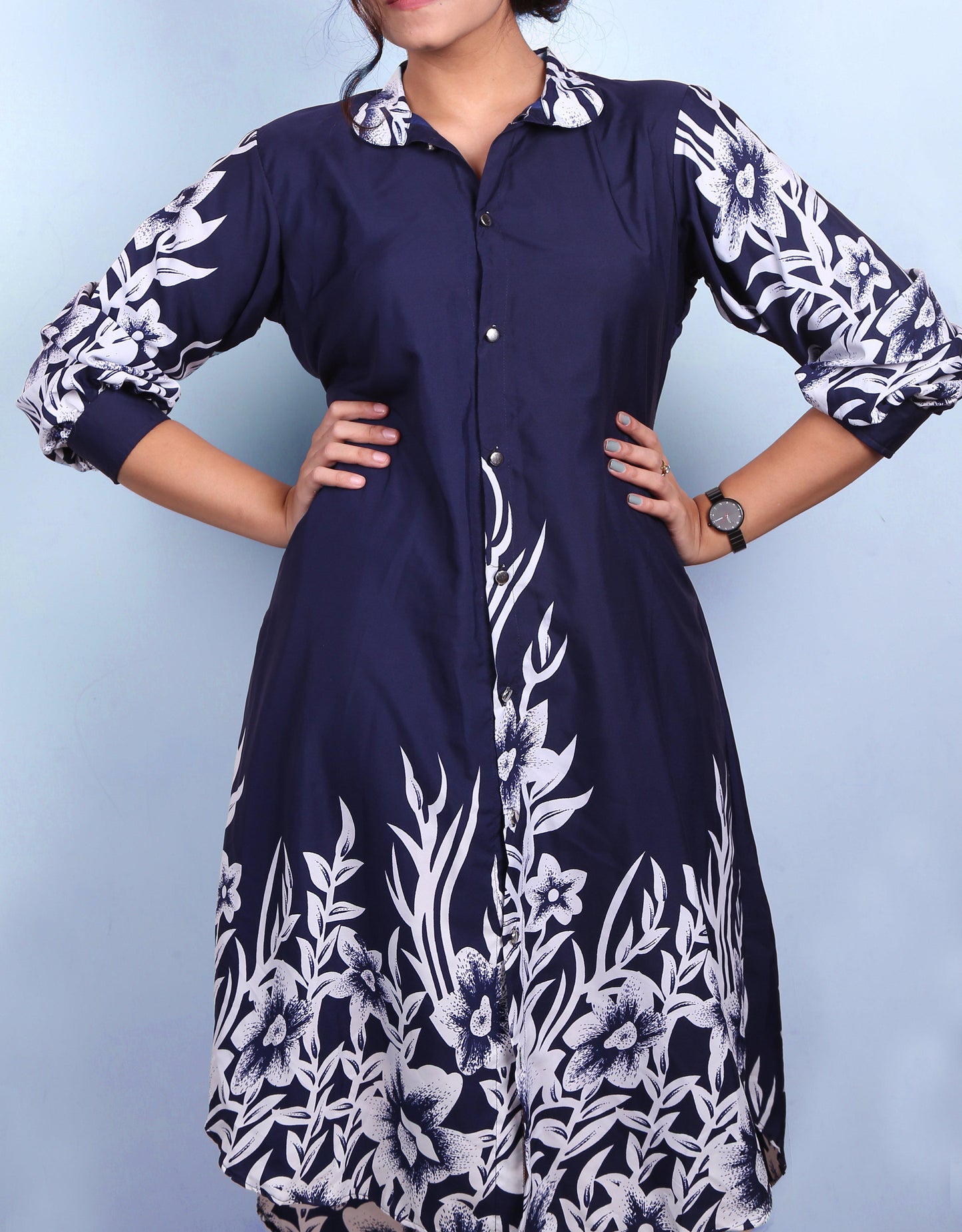 The Long Shirt!-Navy Blue Printed Longline Shirt.-Adorable Me
