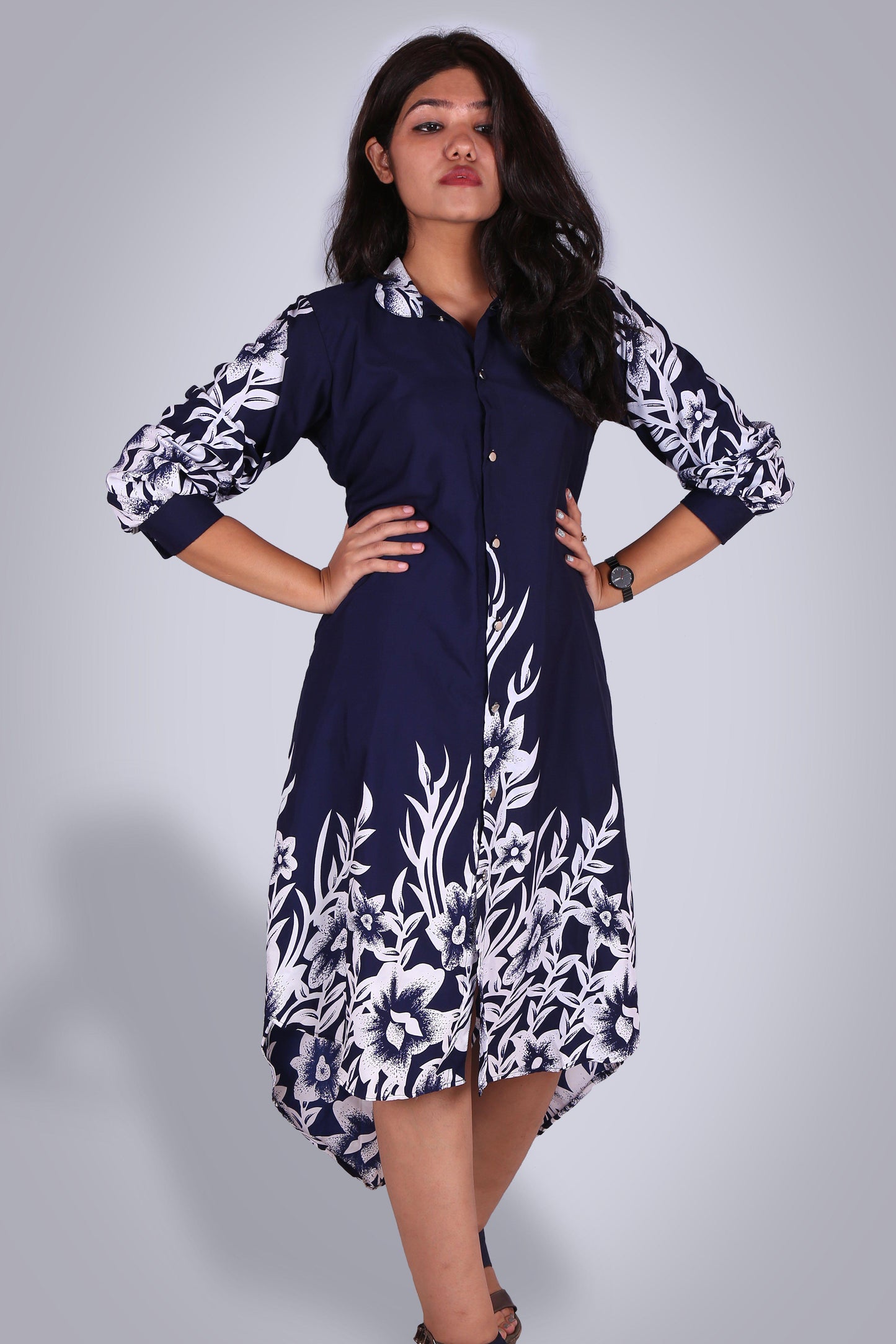 The Long Shirt!-Navy Blue Printed Longline Shirt.-Adorable Me