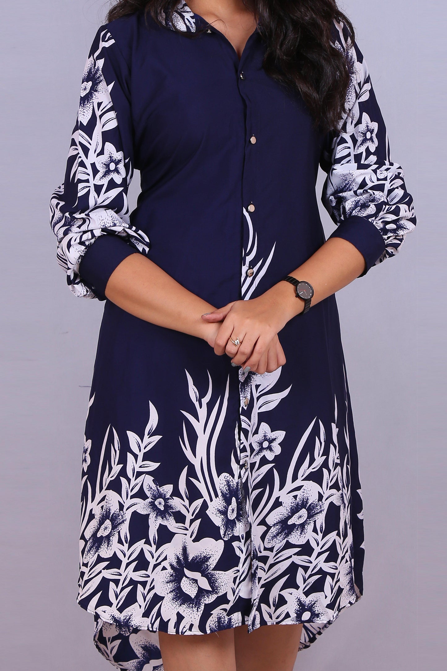The Long Shirt!-Navy Blue Printed Longline Shirt.-Adorable Me