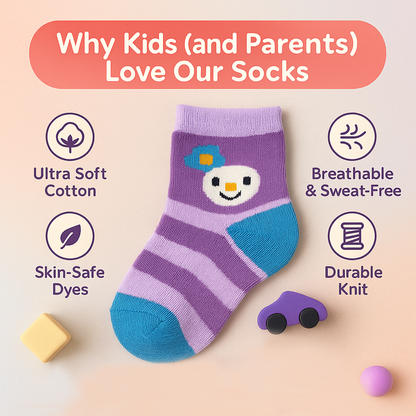 Purple and blue striped sock with cartoon face design on a beige background with text about sock features.