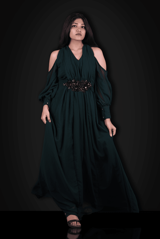 The Drape Dance!-Bottle Green Pleated Bishop Sleeved Evening Gown.-Adorable Me