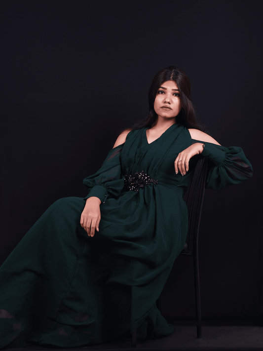 The Drape Dance!-Bottle Green Pleated Bishop Sleeved Evening Gown.-Adorable Me