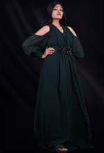 Load image into Gallery viewer, The Drape Dance!-Bottle Green Pleated Bishop Sleeved Evening Gown.-Adorable Me
