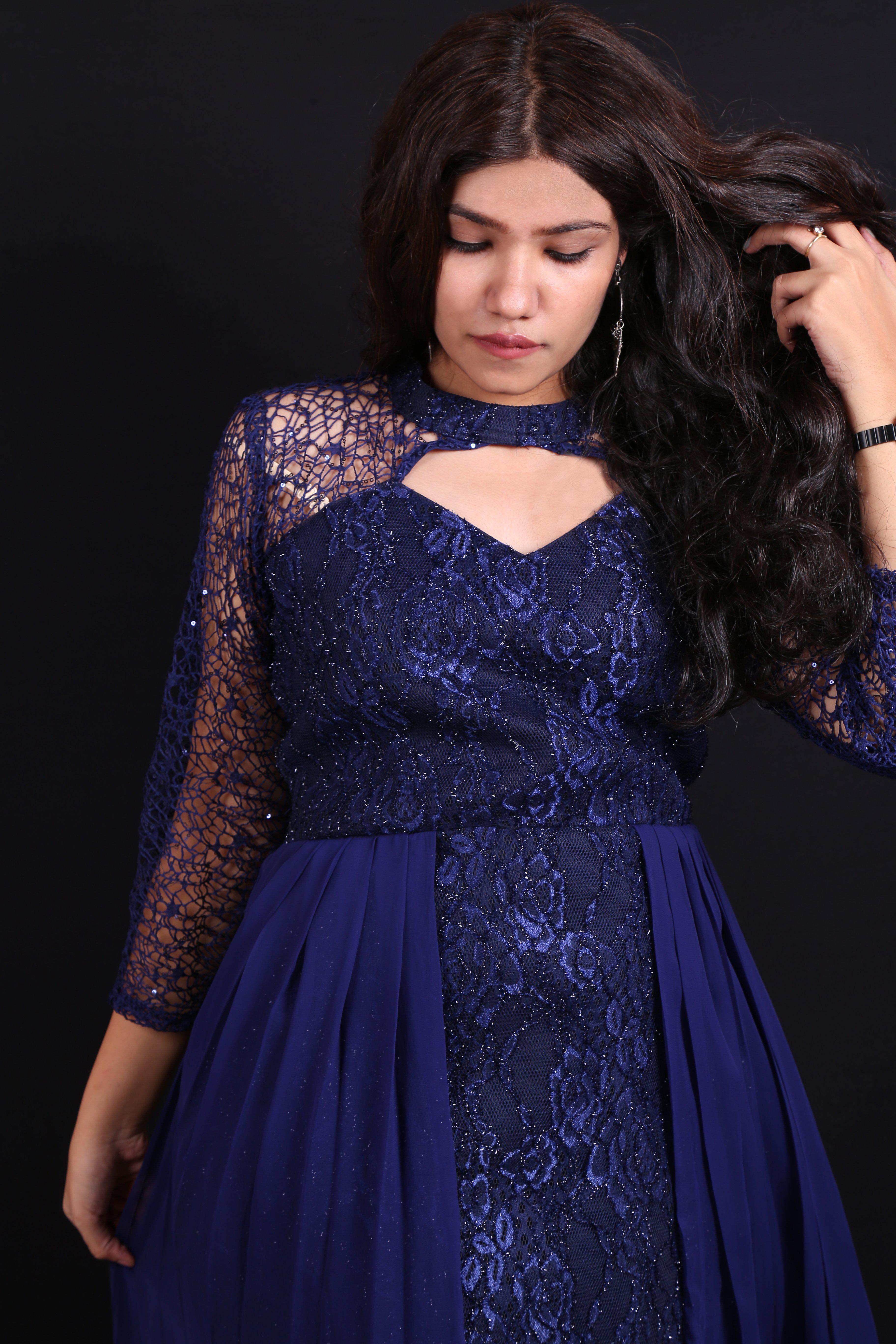 Glitter Stars Navy Tulle Sexy Plunging Unique Formal Dress