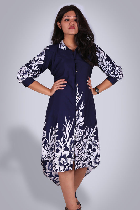 The Long Shirt!-Navy Blue Printed Longline Shirt.-Adorable Me