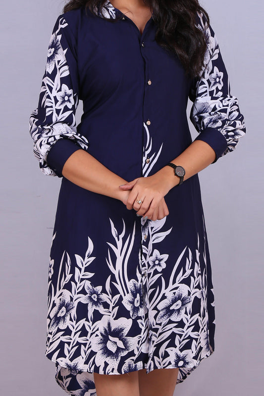 The Long Shirt!-Navy Blue Printed Longline Shirt.-Adorable Me