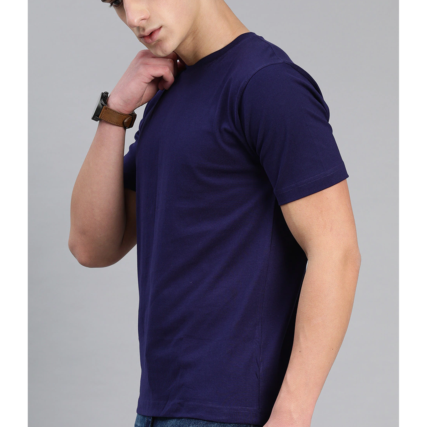 Men's Cotton Minimalist Half Sleeves T-shirt (Navy Blue) - Adorable Me