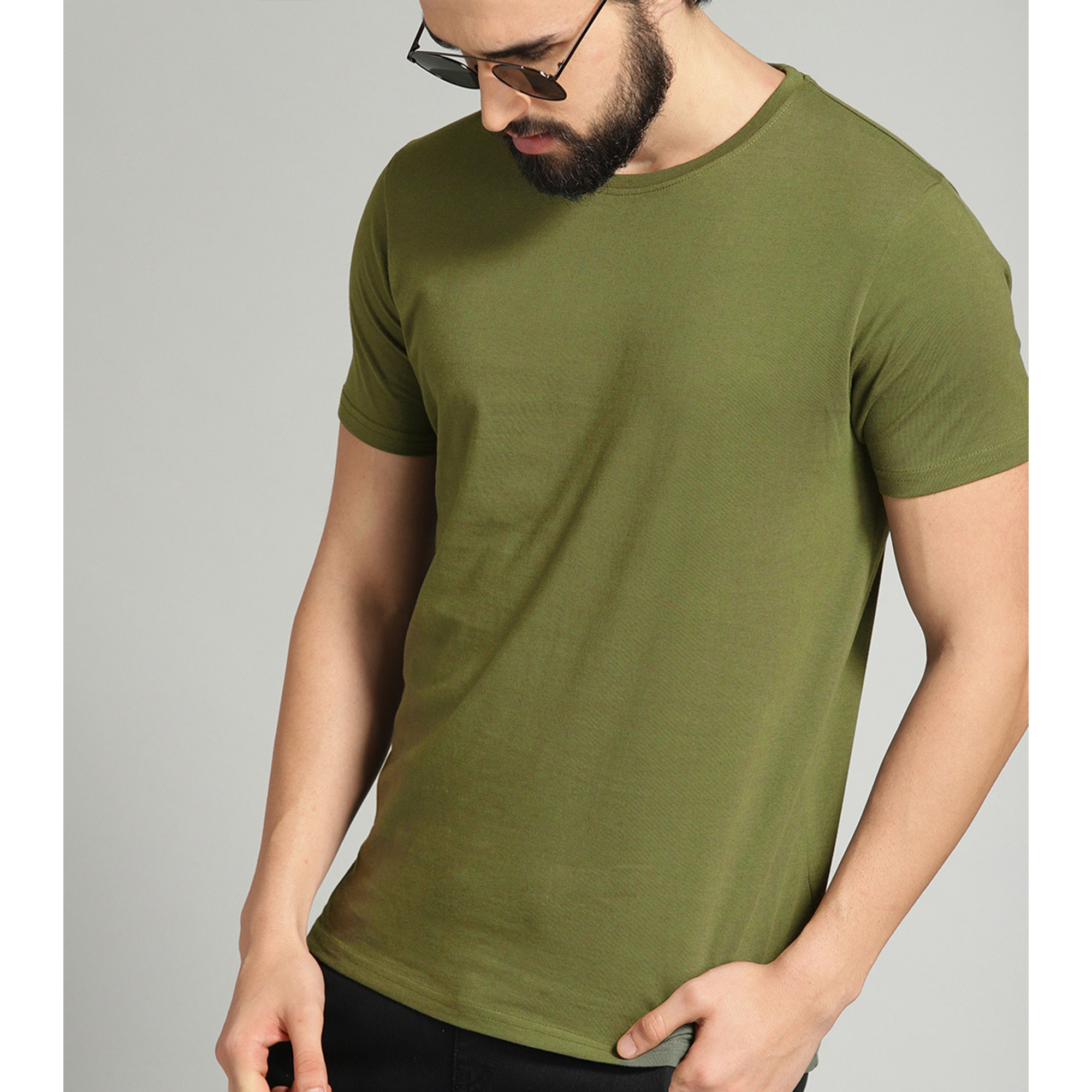 Men's Cotton Minimalist Half Sleeves T-shirt (Olive Green) - Adorable Me